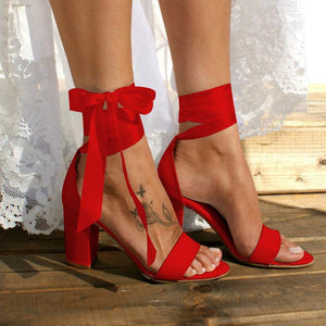Women peep toe chunky heel strappy bow lace up heels