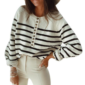 Women half buttons pullover knit long sleeve striped sweaters