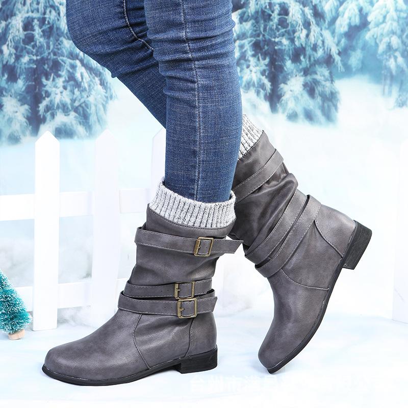 Women winter slip on chunky heel buckle straps mid calf boots