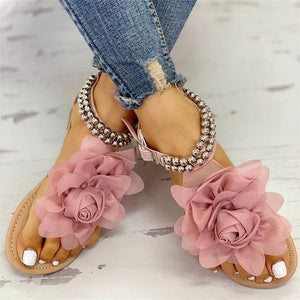 Women bohemian flower beaded cute beach flat sandals