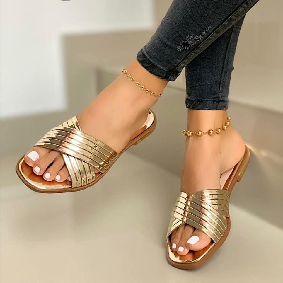 Women fashion sequin criss cross strap slide flat sandals