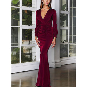 Fall winter sexy deep V neck ruched mermaid flare maxi dress | Formal cocktail party evening gowns long sleeves