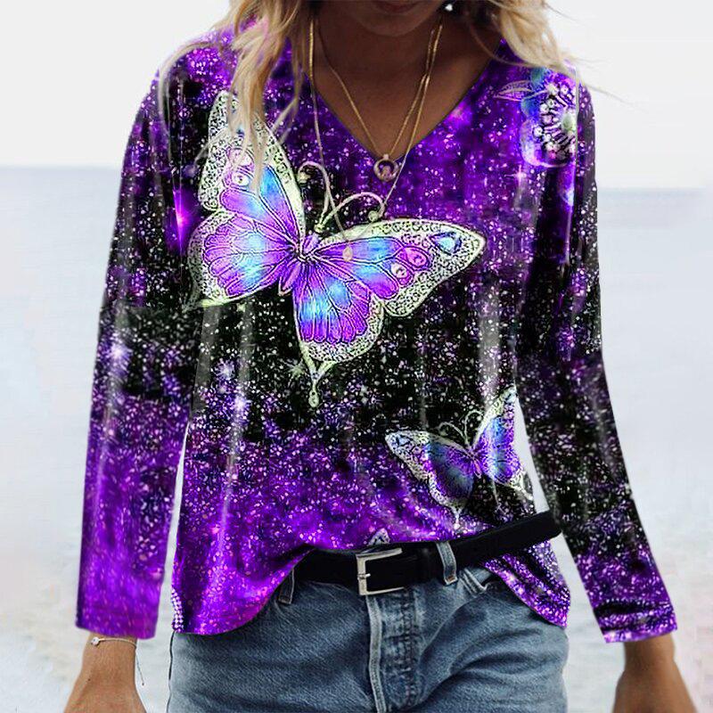 Women long sleeve v neck butterfly graphic t shirts