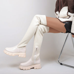 Women thigh high boots elastic side zipper chunky platform boots