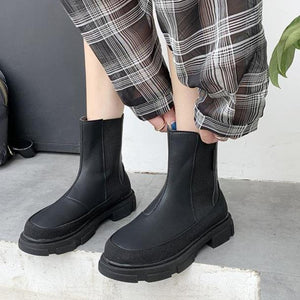 Women chunky platform short slip on chelsea boots