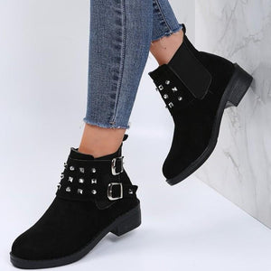 Women studded buckle strap chunky heel slip on short boots