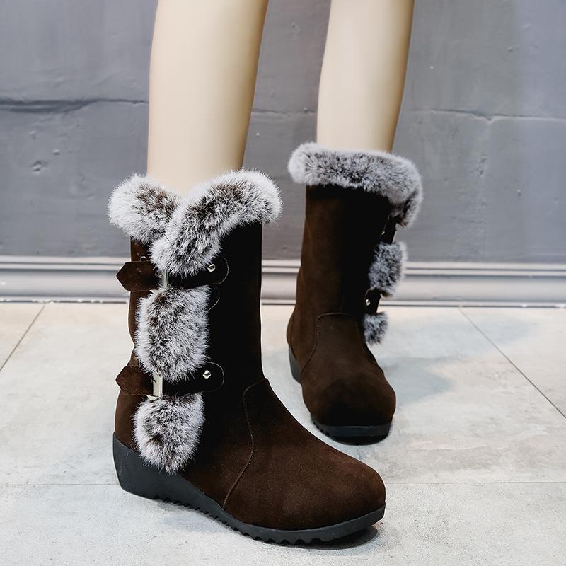 Women buckle straps thick faux fur wedge mid calf snow boots