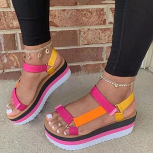 Women chunky colorful ankle strap magic tape platform sandals