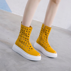 Women summer hollow breathable zipper mid calf platform boots