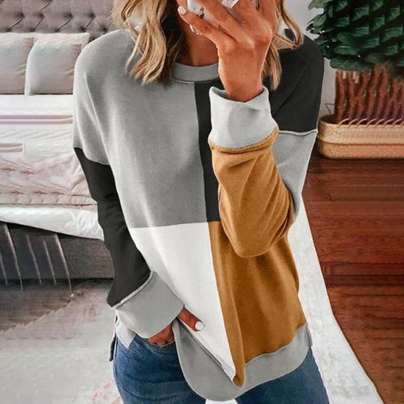 Women color block long sleeve crew neck t shirt