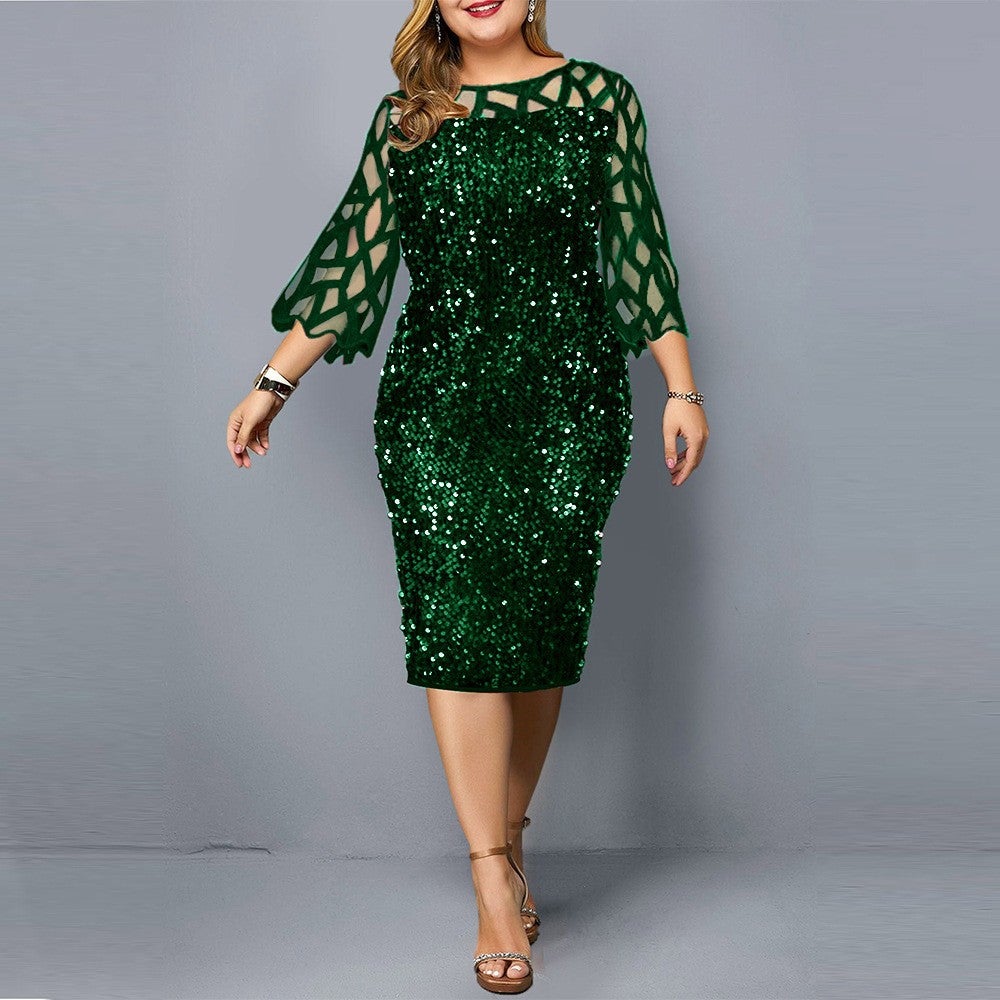 Plus size sequins bodycon midi dress | 3/4 sleeves party banquet formal evening dress