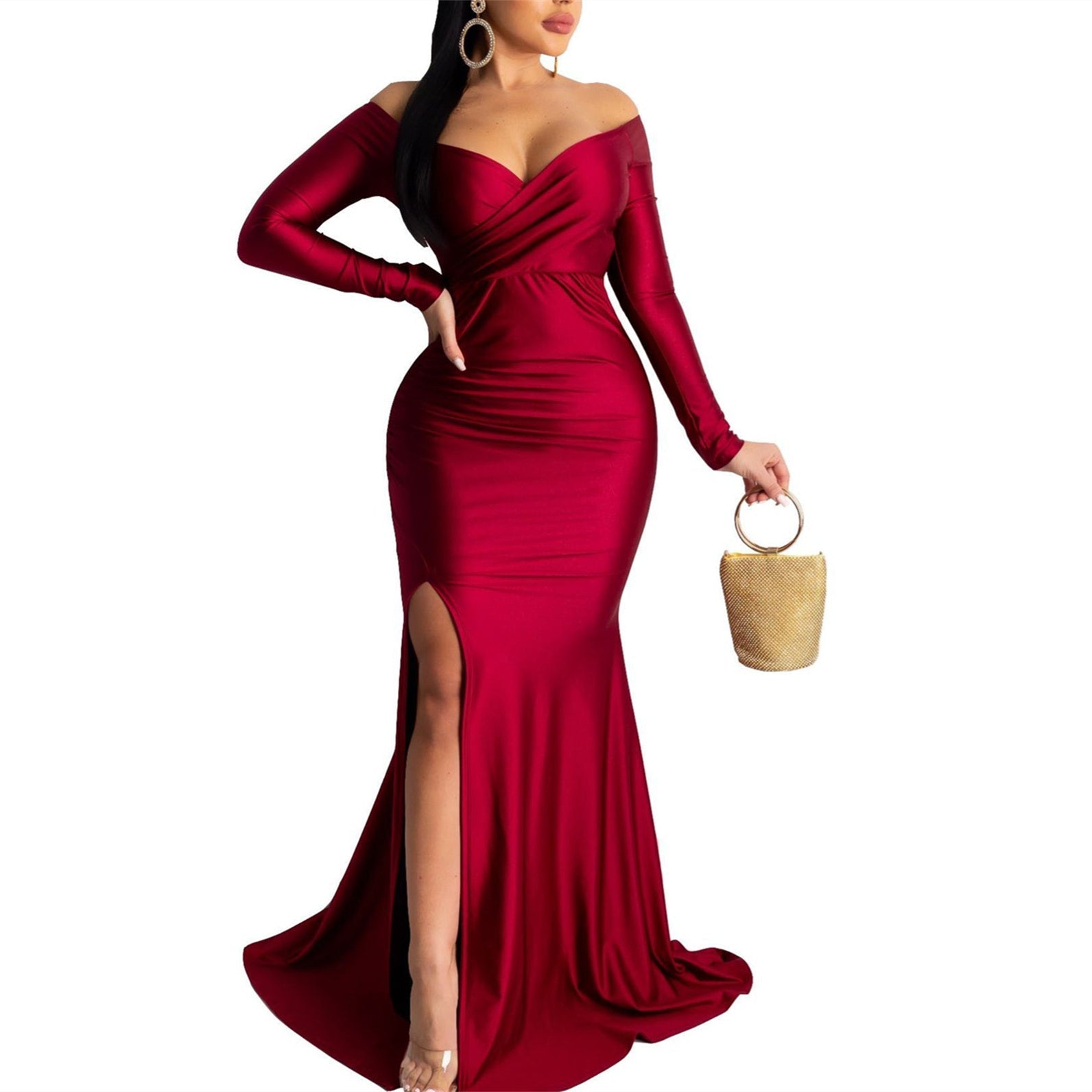 Sexy cold shoulder bodycon long sleeves v neck wrap maxi dress | High split floor-length fall winter party banquet dress