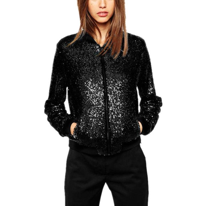Women fashion sport sequin long sleeve zipper cropped coat jacket
