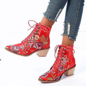 Retro fashion floral embroidered boots pointed toe lace-up ankle boots