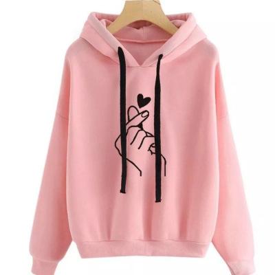 Women finger heart printed long sleeve drawstring hoodie sweatshirt