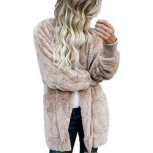 Women faux fur fleece hooded winter warm outerwear