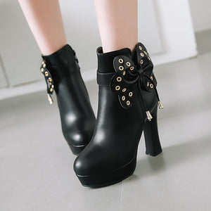 Women fringe butterfly bowknot studded platform high heel boots