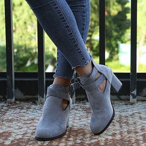 Women criss cross buckle strap hollow chunky heel ankle boots