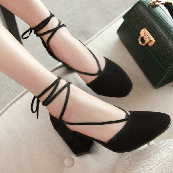 Women square closed toe side hollow strappy lace up chunky heels