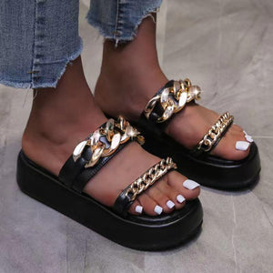 Women two strap chain d¨¦cor slide platform sandals
