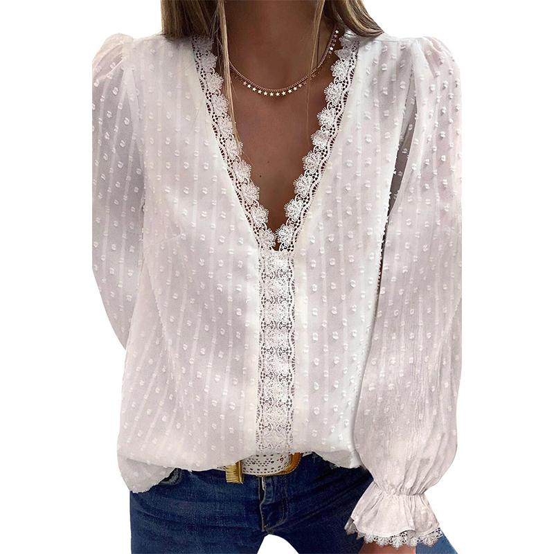 Women lace flower solid color pullover v neck tops