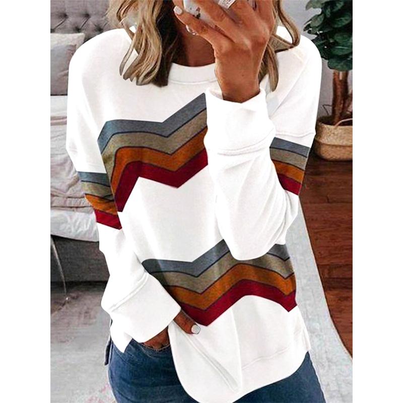 Women color block stripes long sleeve pullover crewneck sweatshirt