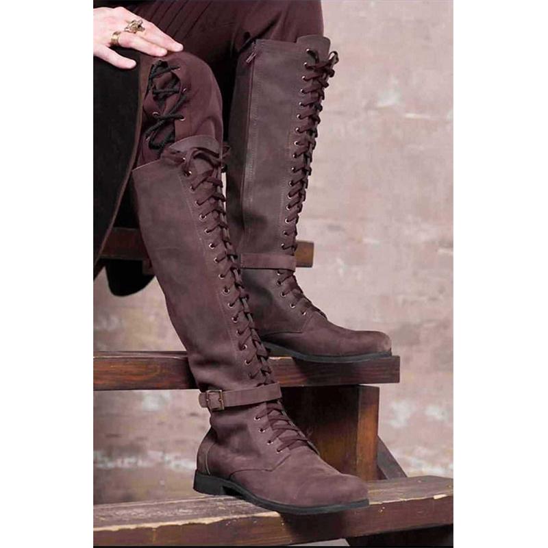 Women lace up buckle strap chunk heel knee high boots