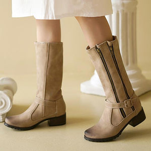 Women chunky heel buckle strap zippers mid calf boots