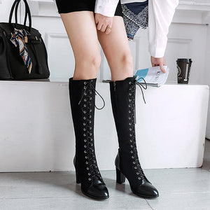 Women chunky high heel side zipper lace up knee high boots