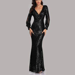 Sexy v neck sequins shinning memaid flare party dress | Fall winter long sleeves sheath maxi dress evening gowns