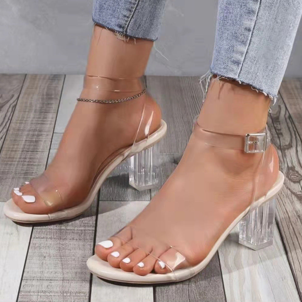 Women open toe buckle strap slingback chunky clear heels