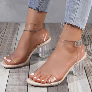 Women open toe buckle strap slingback chunky clear heels