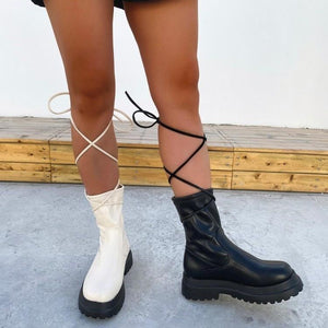 Women criss cross strap lace up chunky platform boots