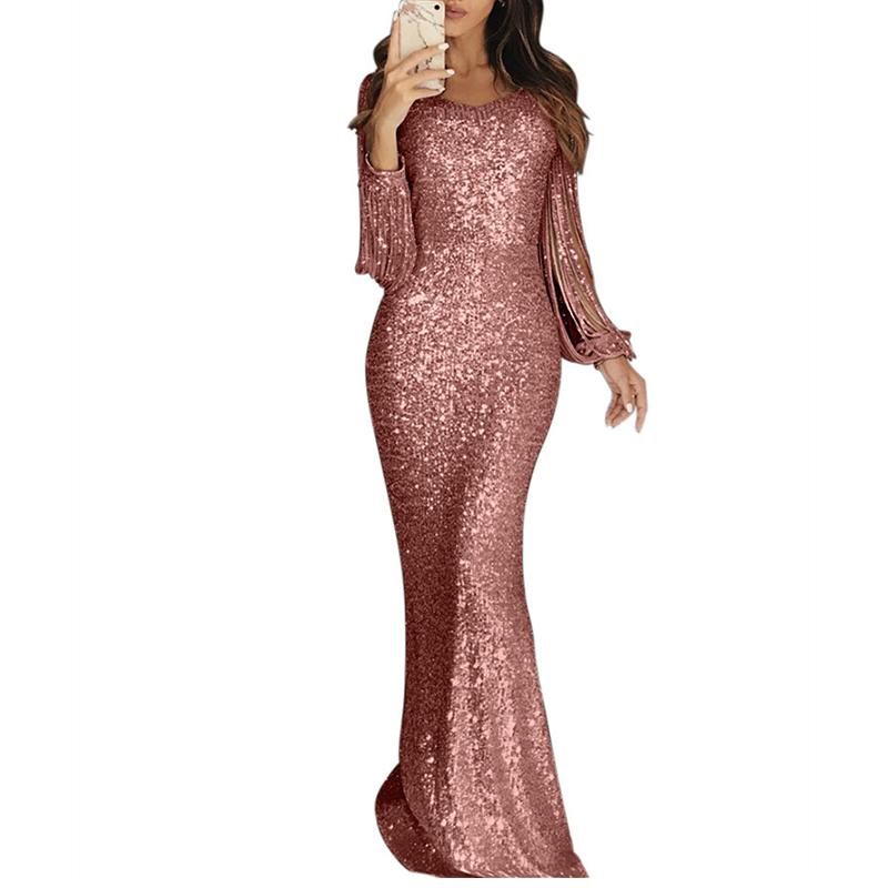 Women v neck maxi glitter fringe long sleeve prom dresses