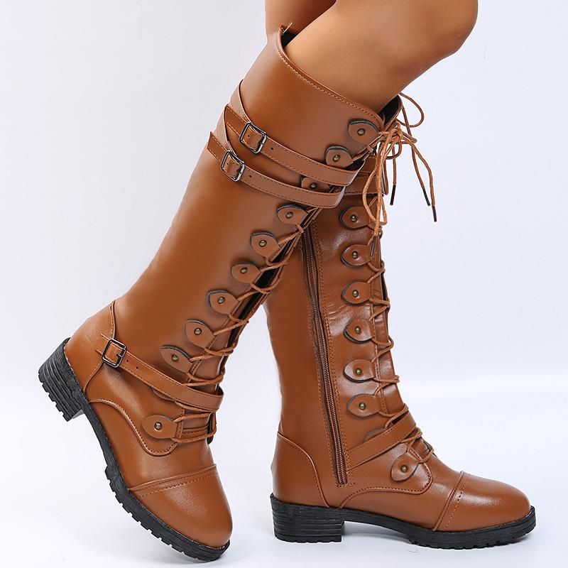 Women knee high chunky heel buckle strap lace up boots