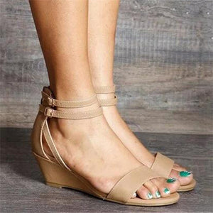 Women solid color side hollow buckle strap wedge sandals