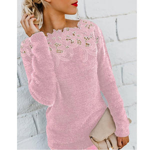 Women lace flower hollow solid color pullover sweater