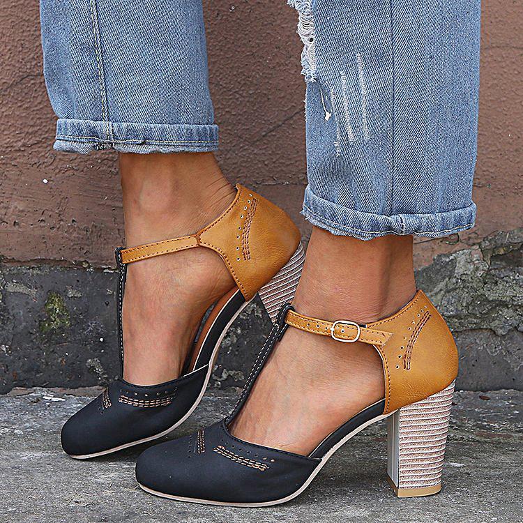 Women closed round toe t strap chunky heel ankle strap heels