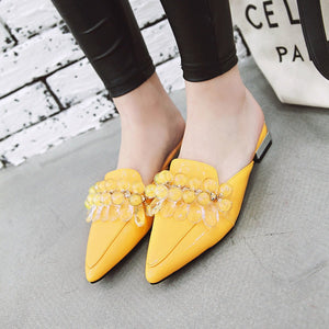 Women square chunky heel rhinestone pointed toe mule sandals