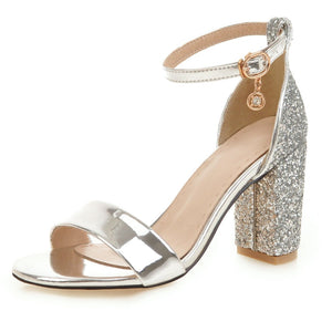 Women peep toe buckle strap pendant glitter high chunky heels