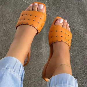 Women square peep toe studded one strap beach flat sandals