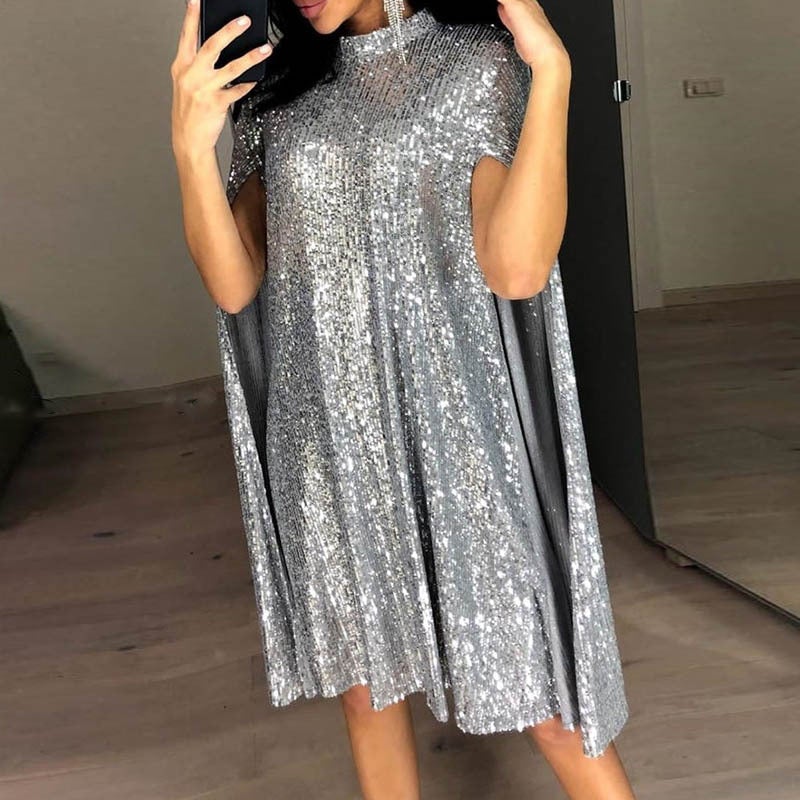 Silver gold sequins shining cape dress | long sleeves mini dress party prom dress