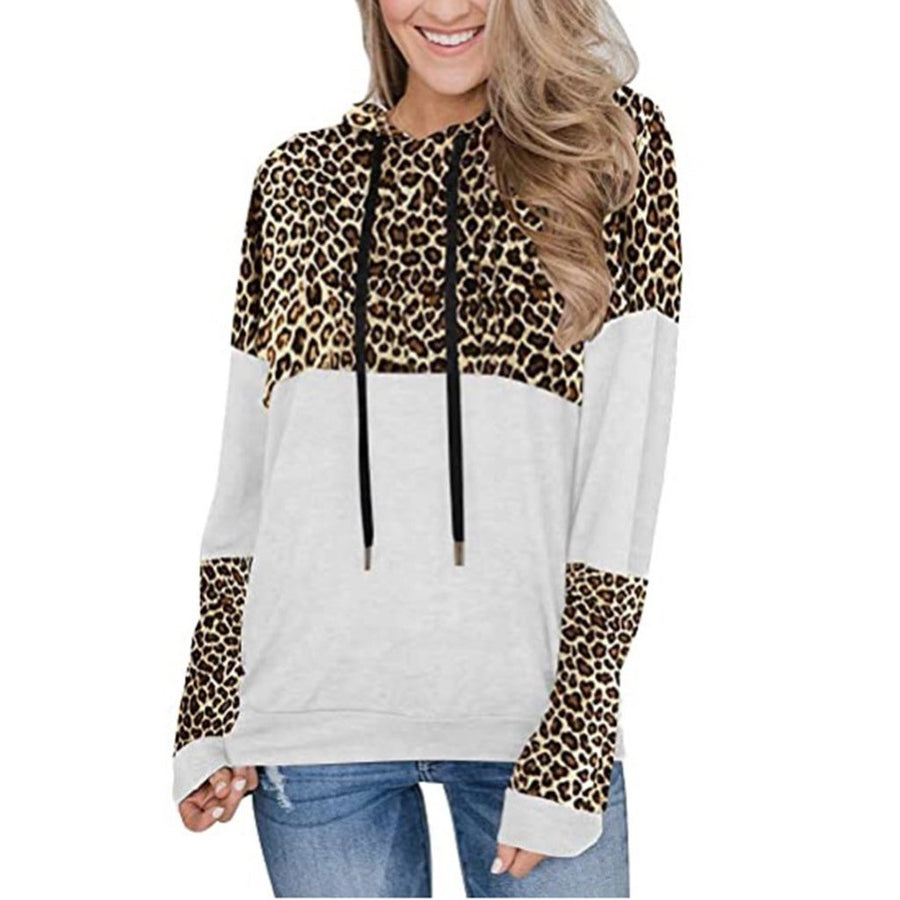 Women color block leopard pullover drawstring hoodie sweatshirt