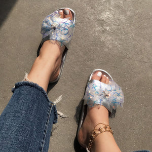 Women rhinestone lace bowknot peep toe slipper slide sandals