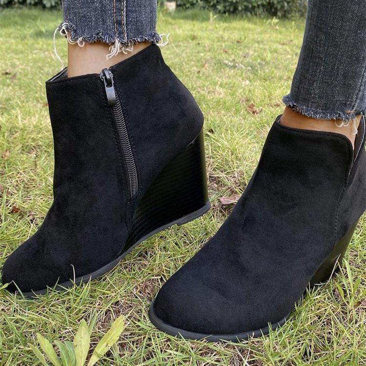 Women high heel side zipper v cut wedge boots