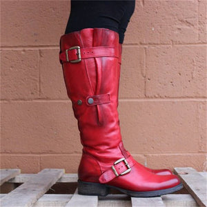 Women side zipper buckle strap chunky heel knee high boots