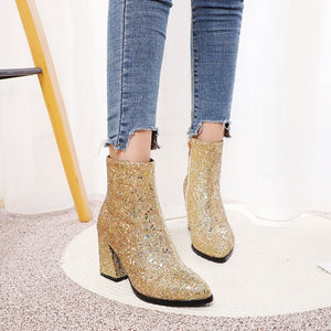 Women pointed toe chunky heel side zipper sequin glitter booties