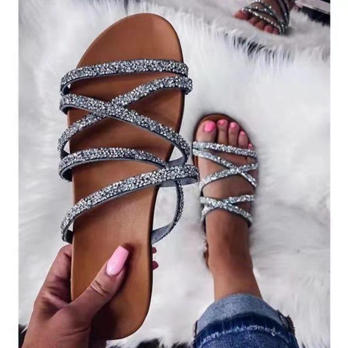 Women criss cross strappy summer beach flat slide rhinestone sandals