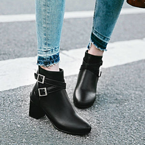 Women buckle strap back zipper solid color chunky heel short boots