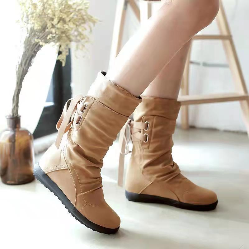 Women winter mid calf slouch back lace up flat boots